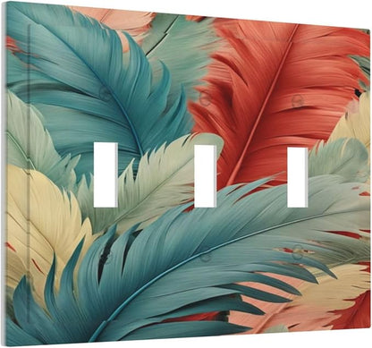 Colorful Feathers Blue Red Light Switch Covers 3 Gang Triple Toggle Wall Plate Decorative Switchplate Electrical Faceplate for Farmhouse Living Decor