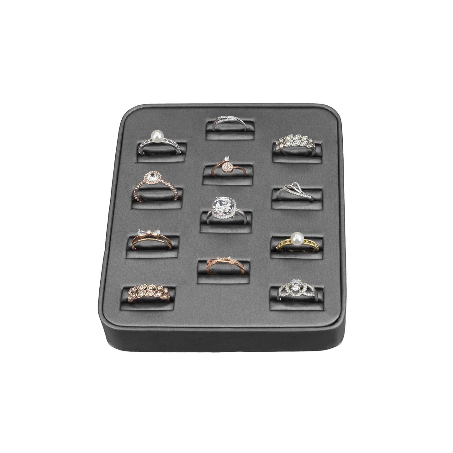 MOOCA 12 Slots Ring Tray Display, Slotted Ring Showcase Display Jewelry Organizer Stand for Home Trade Show, Steel Grey Faux Leather Trim
