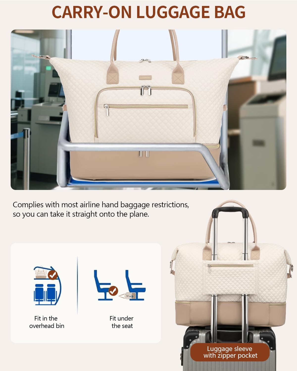CLOKARS Weekender Bags for Women, Travel Duffle Bag Carry On Overnight Bag with Cosmetics Bag and Crossbody Purse for Gym Hospital, Gifts for Women, Beige Camel