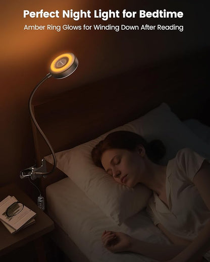 Glocusent 72 LED Clip on Lamp with Remote, Reading Light with Amer Ring Night Light, 3 Colors & 5 Dimmable Desk Lamp with Clamp, Auto-Off Timer for Night Reading, Bed Light for Headboard/Dorm/Bunk