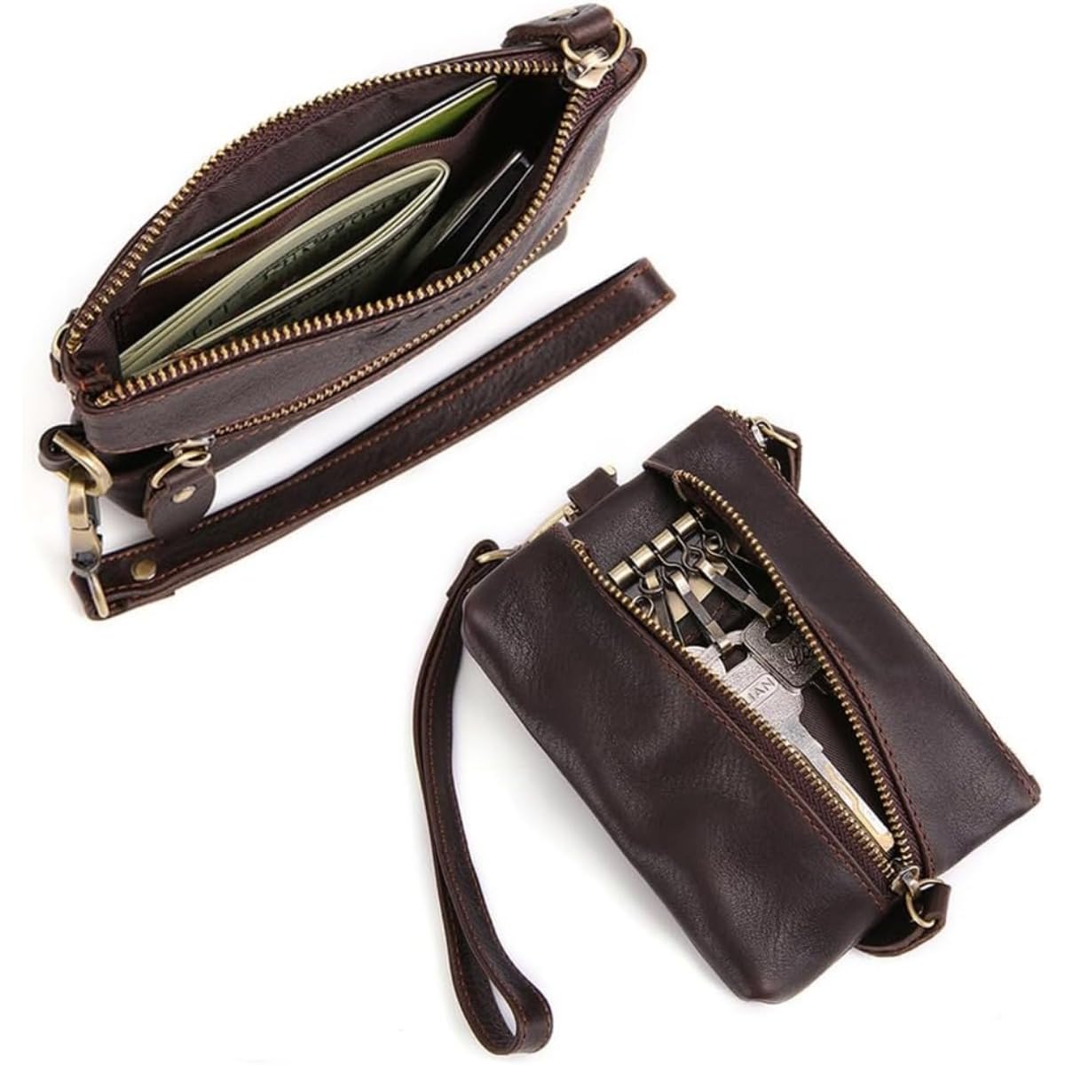 ZYLOXAR Genuine Leather Wallet Zipper Coin Purse with Keychain Wrist Bag Hand Bag Organizer Card Case Storage for Men (Brown)