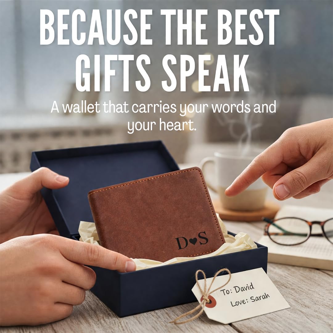GiftShopie Personalized Handmade Genuine Leather Wallet for Men | Custom Engraved Name & Initial | Customized Monogram Wallet Gift for Dad, Husband, Boyfriend | Birthday, Father's Day Present