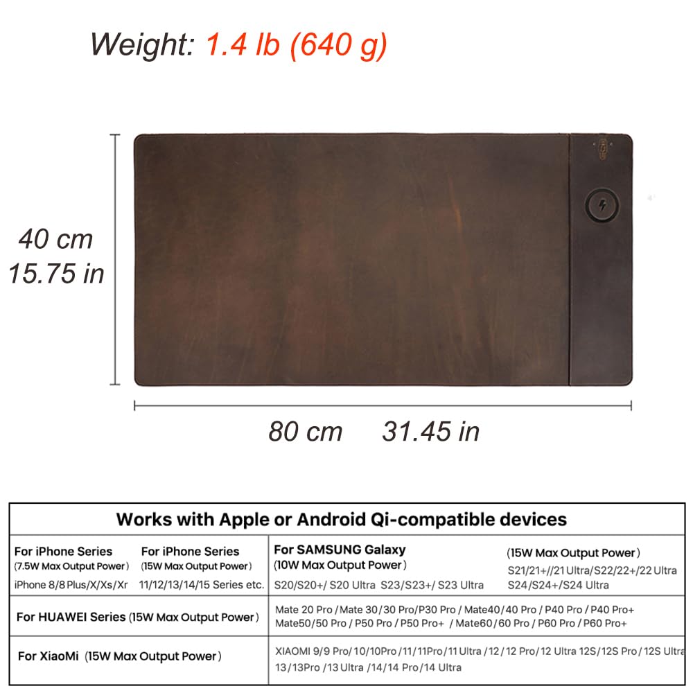 Contacts Full Grain Leather Wireless Charging Desk Mat with 15W Wireless Charger Type C Chargering Port Computer Desk Pad Large Mouse Pad 80x40 cm