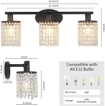 TISLYCO Black Bathroom Light Fixture, 3 Light Bathroom Vanity Light, Bathroom Light Fixtures Over Mirror, Crystal Drop Wall Mounted Lamp for Living Room Bedroom
