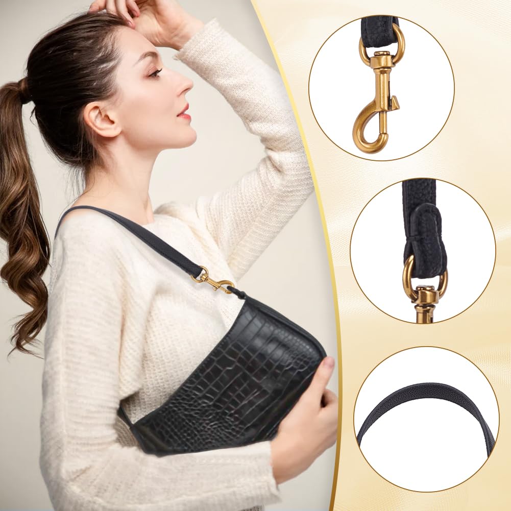 WADORN Genuine Leather Purse Handle, 20.4 Inch Leather Handbag Handle Replacement Short Shoulder Strap with Retro Gold Buckles Women Bag Making Accessory for Coach Shoulder Bag 26, Black