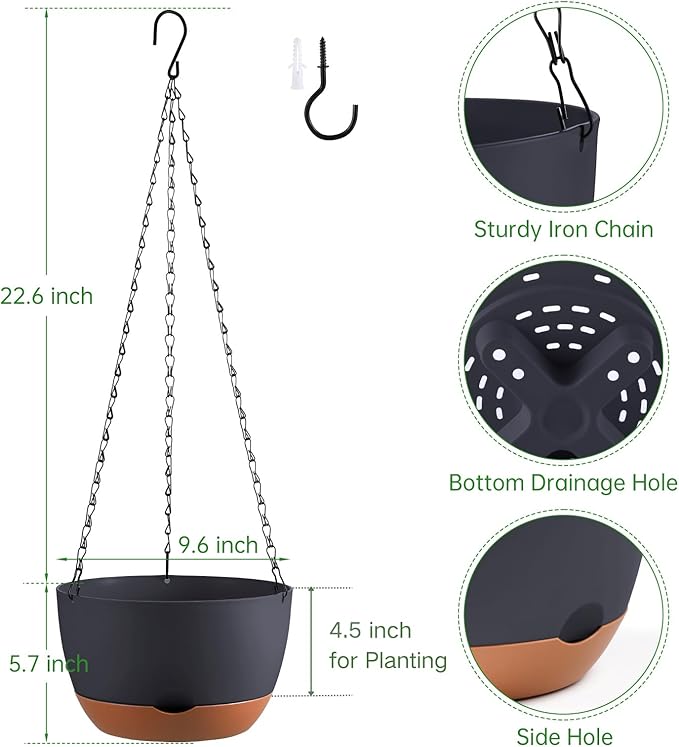 Set of 2 10 Inch Self Watering Hanging Planters for Indoor Outdoor Plants, Color Blocking Hanging Baskets Flower Pots with Drainage Hole & Removable Water-Storage Tray and 20" Chain Hanger
