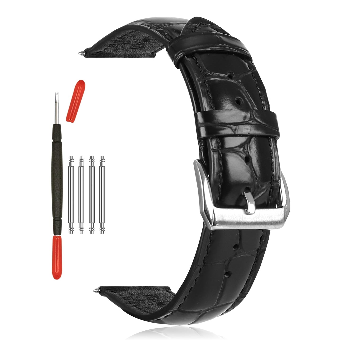 Vellsar XL Genuine Leather Watch Band 21mm Watch Straps for Large Wrist - Extra Long Adjustable Replacement Straps, Alligator Grain Embossed Watchband (Black)