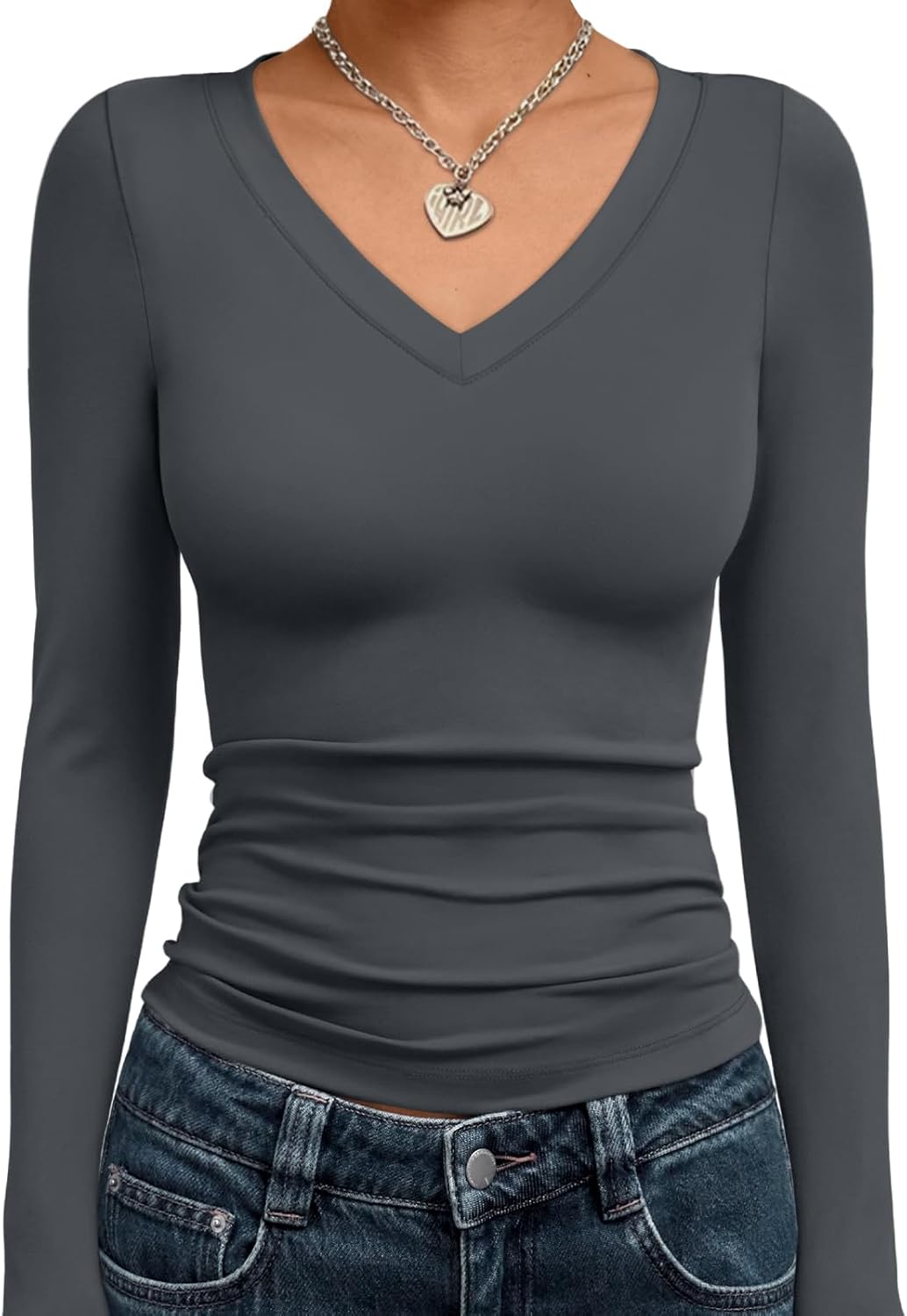 Trendy Queen Long Sleeve Shirts for Women 2025 Fall Fashion V Neck Basics Crop Tops Slim Fitted Y2K Tops Outfits Clothes