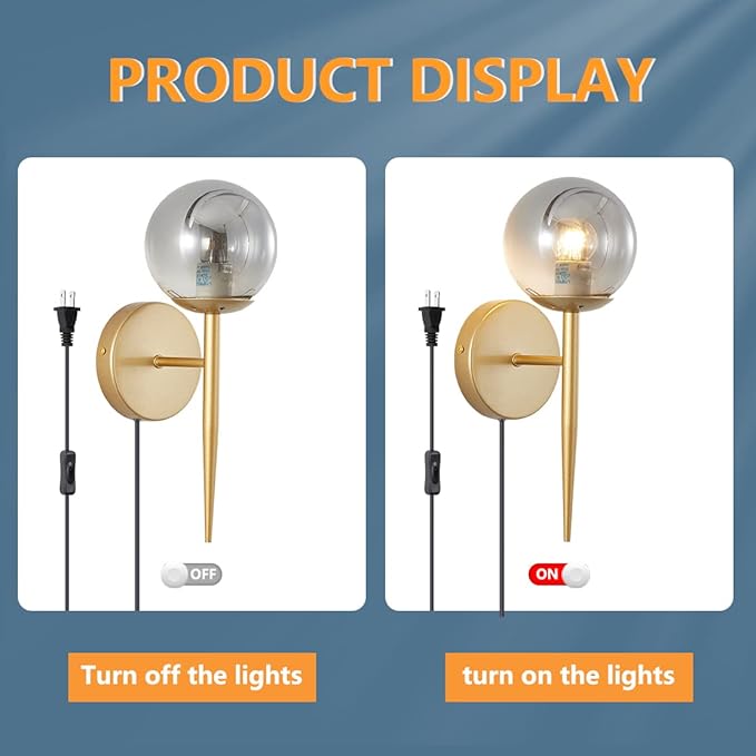 BOKT 2-Light Plug in Wall Sconce with Smoky Gray Glass Shade Modern Globe Wall Sconce Bedside Lamp for Bathroom Bedroom Corridor