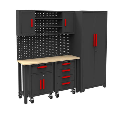 Torin Garage Storage Cabinets System, 6-Pcs Workshop Cabinet Set in Black, Included Steel Cabinets Drawers Rolling Chest and Pegboard,Locked Garage Storage Cabinet