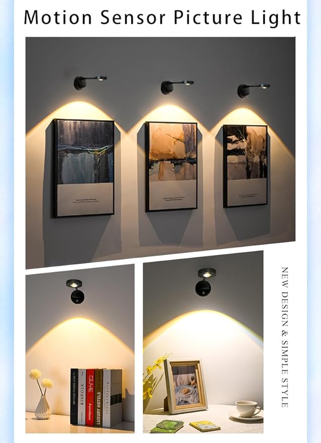 2200mAh Motion Sensor Picture Light, Spotlight Painting Light, LED Wall Sconce, Night Light Lamp, Rechargeable Battery Operated 3 Color & Dimmable Magnetic 360° Rotation with Remote (Black, 1 Pcs)