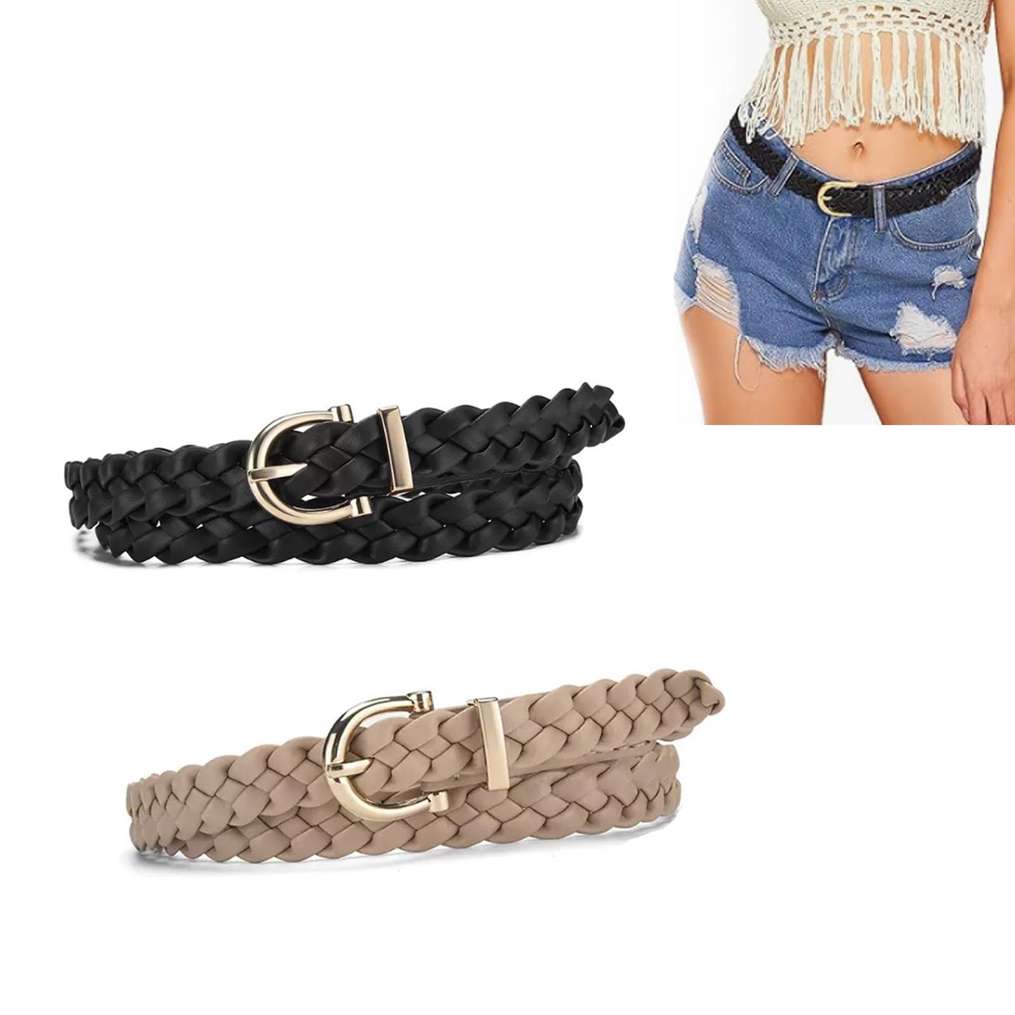 iRIIRIO 2pcs Skinny Braided Belts for Women Girls Thin Classic PU Leather Woven Waist Belt Strap for Jeans Pants Dress (Black+Khaki)