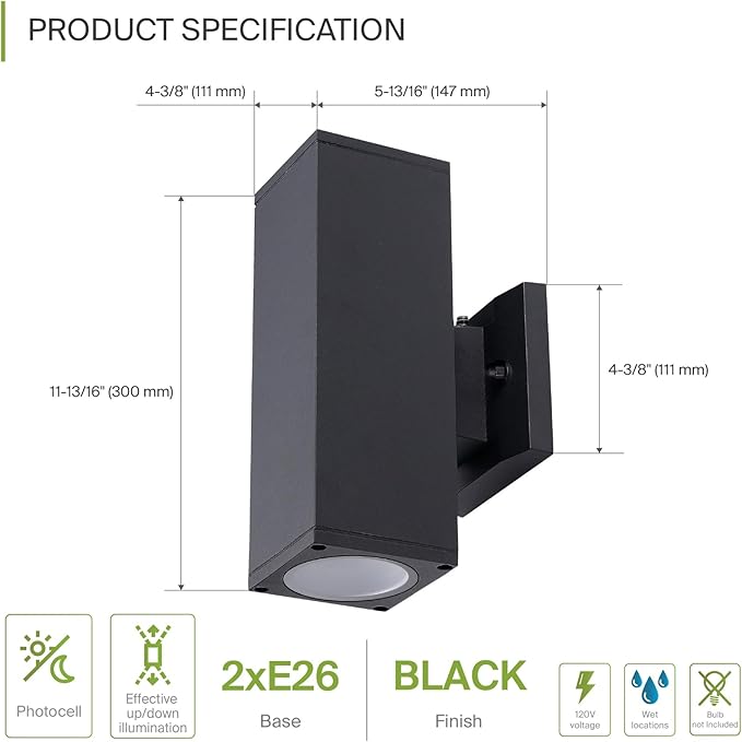 ASD 2 Light Square Dusk to Dawn Outdoor Wall Light Fixture | 120W E26 Socket 120V ETL Cylinder Up Down Lights | LED/CFL/Incandescent Bulb Exterior Wall Sconce | Front Door, Porch Patio | Black, 6 Pack