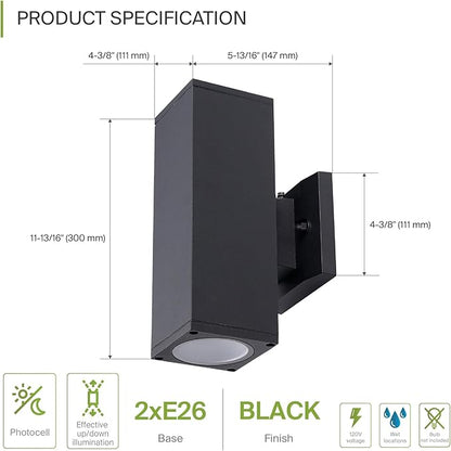 ASD 2 Light Square Dusk to Dawn Outdoor Wall Light Fixture | 120W E26 Socket 120V ETL Cylinder Up Down Lights | LED/CFL/Incandescent Bulb Exterior Wall Sconce | Front Door, Porch Patio | Black