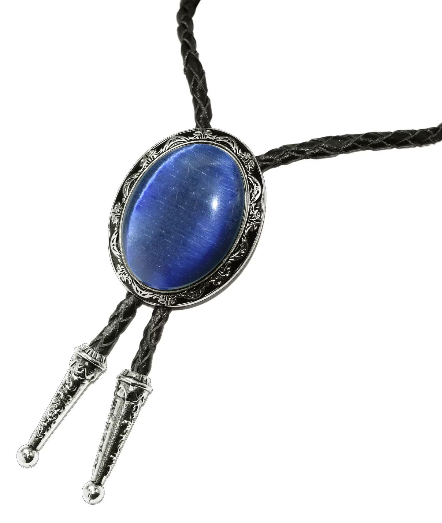 Moranse Bolo Tie with Natural Blue Gem Stone Cowboy Style Genuine Cowhide Rope