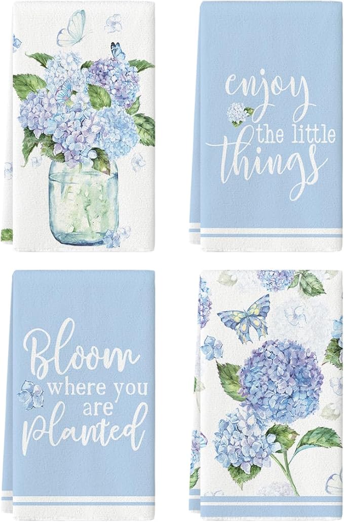 Artoid Mode Blue Hydrangea Motto Spring Kitchen Towels Dish Towels, 18x26 Inch