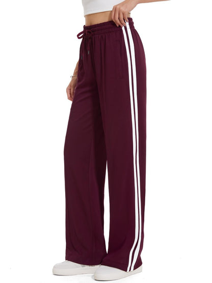 Tapata Extra Tall Woman 36" Inseam Stripes Sweat Pant High Waisted Drawstring Gym Exercise Lounge Joggers, Burgundy, S