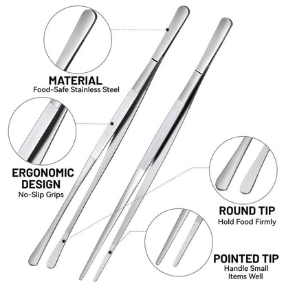 Kitchen Tweezers Stainless Steel Fine Kitchen Tongs for Cooking, Extra-Long Kitchen Tweezers Food Tongs, Set of 2-12inch