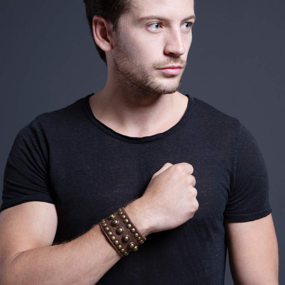 STWTR Men's leather wide waistband Wrist Cuff Bracelet Fashion Bracelet simple coffee adjustable