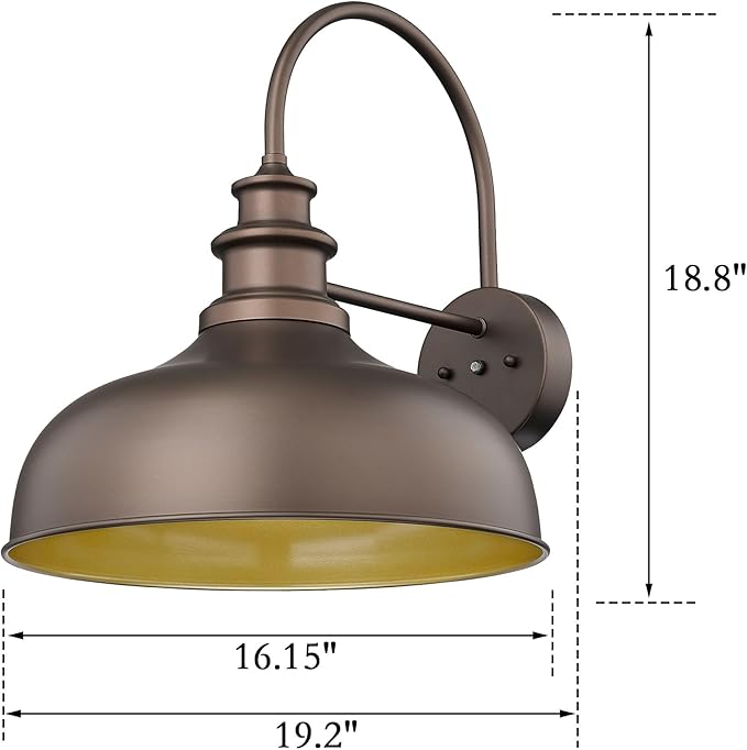 Bestshared 16 Inch Dome Large Dusk to Dawn Gooseneck Barn Light Anti-Rust Farmhouse Outdoor Wall Sconce Industrial Outdoor Wall Lights Exterior Lighting Fixture,Garage Lamp(ORB+Gold, 16” Dome-1Pack)