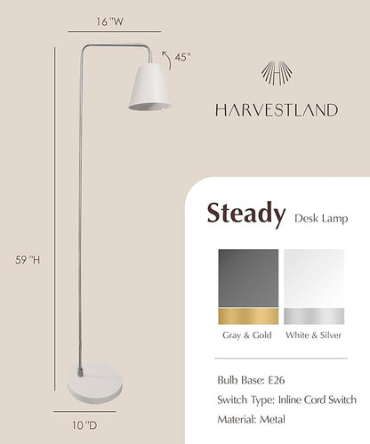 HarvestLand Steady Brushed Nickel Floor Reading lamp – Adjustable Standing Lamp with Solid Base, Reading Lamps Floor Standing, Grey Reading Floor Lamp for Living Room or Over Chair Use