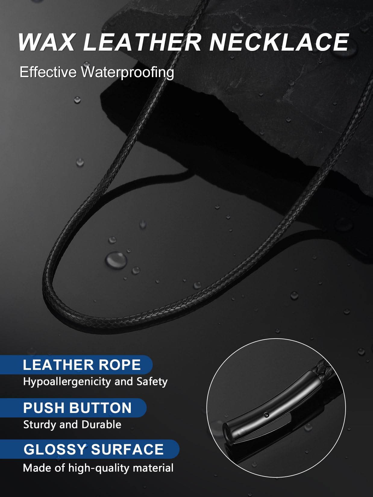ChainsPro Leather Necklace Cord Waterproof Mens Black Necklace 28 inch