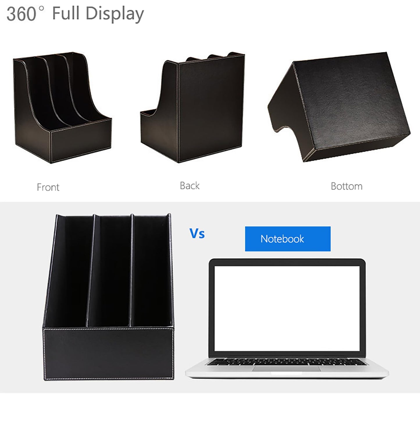 3 Tier Leather Magazine Holder - Vertical File Organizer with PU Leather Cover, Handmade Office Desk Organizer for A4/A3 Documents, Magazines, Books - Black (3 slot)