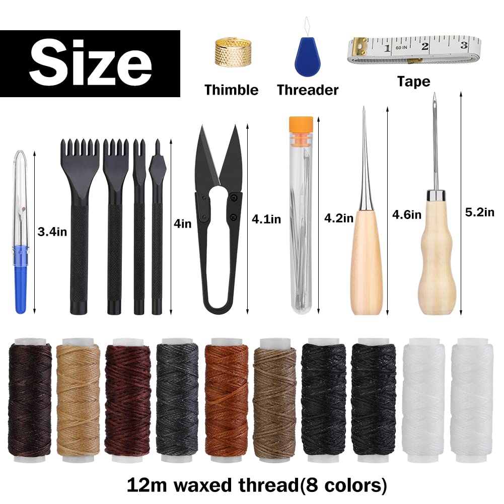 Yizzvb 46 Pcs Leather Stitching Sewing Kit,Sewing Tools Kit with 4mm Lacing Stitching Chisel, Waxed Thread and Large-Eye Needles for Leather Craft Projects DIY Sewing Work