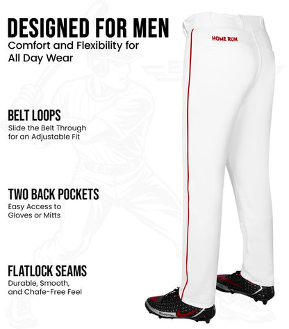 Exxact Sports Home Run Men's Baseball Pants with Piping - Full-Length, Semi-Relaxed Fit, Open-Bottom Adult Baseball Pants - (AM, White/Red Piping)