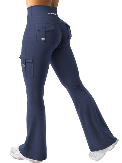 YEOREO CoreFlex Women Workout Flare Leggings with Pockets Hidden Scrunch High Waisted Cargo Gym Yoga Leggings Navy S