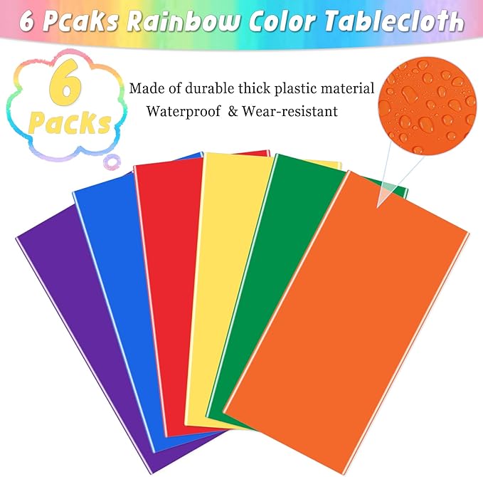 6 Packs Disposable Plastic Tablecloths 54 x 108 Inch Rainbow Color Table Cloth Colorful Rectangle Waterproof Table Covers for Birthday Parties Wedding Picnic Theme Party Decorations