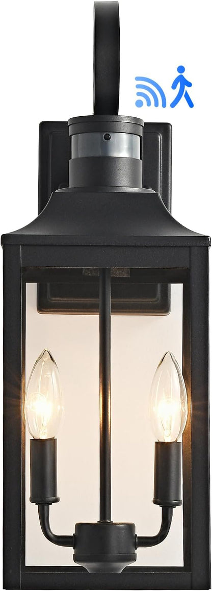 18.9" Black Motion Sensor Outdoor Wall Lantern, 2-Light Industrial Porch Light with Clear Glass Waterproof Exterior Light Fixture Sconce for Outside Porch, Patio, and Garage (1 Pack)