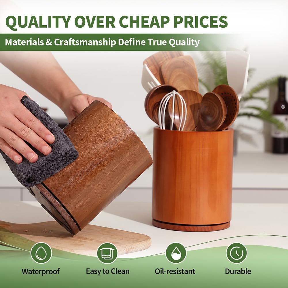 gorsent Wooden Utensil Holder, 360°Rotating 7.3'' Large Utensil Holder for Kitchen Counter, Kitchen Utensil Organizer, Utensil Crock, Farmhouse Kitchens Countertop Decor, Walnut-finish