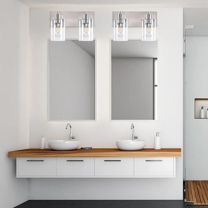 Bathroom Light Fixtures, 2-Light Brushed Nickel Bathroom Vanity Light, Modern Wall Sconces with Clear Glass Shade for Hallway Kitchen Foyer