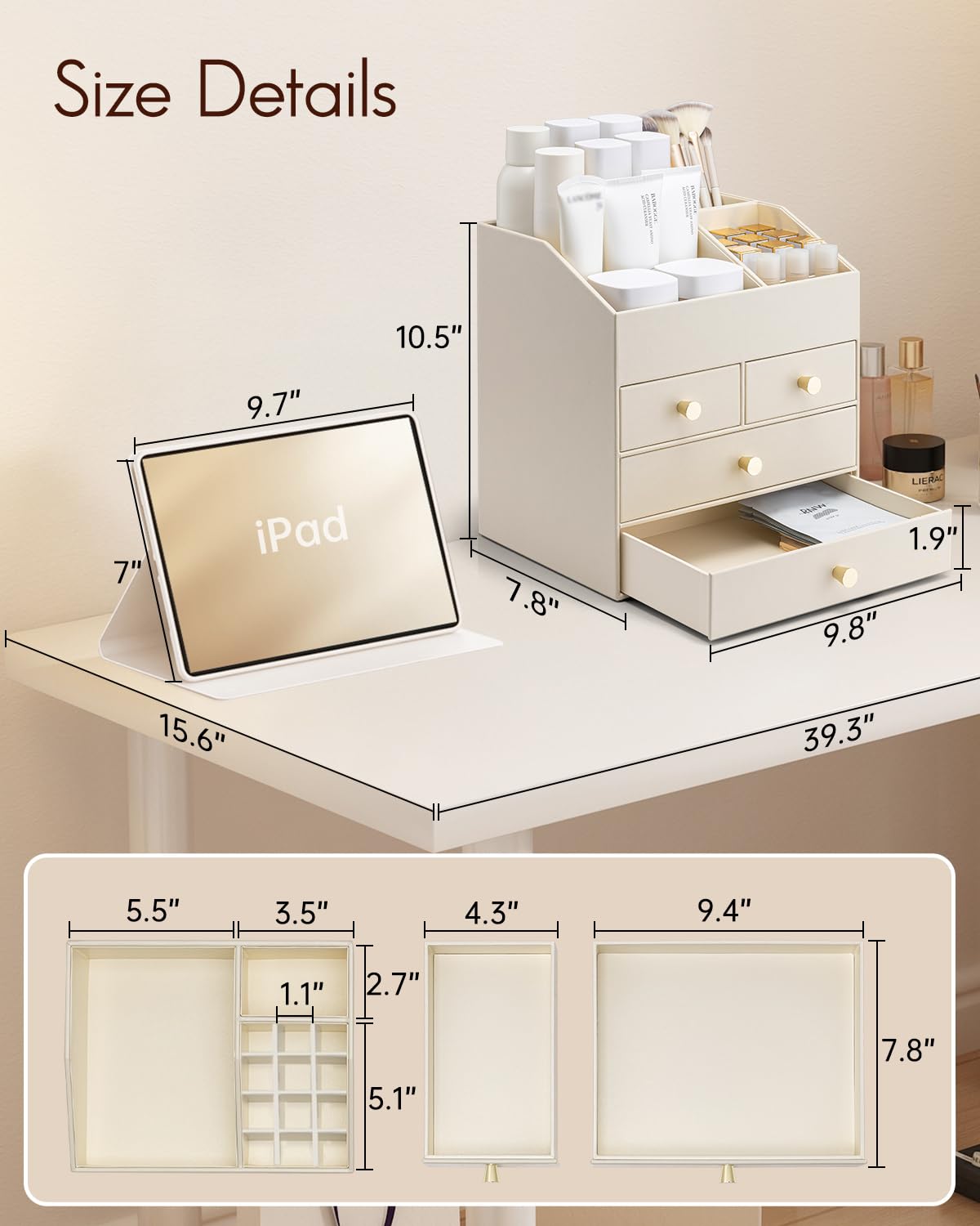 VLANDO Makeup Organizer for Vanity, PU Leather Cosmetic Organizer with 4 Drawers, Large Bathroom Countertop Skin Care Storage for Perfume Lipstick Brushes, Dresser Organizer for Women-Beige