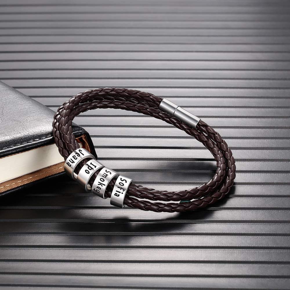 ShineSand Personalized Mens Leather Bracelet with Custom Beads, Customized Braid Leather Bracelet Engraved with Names for Men