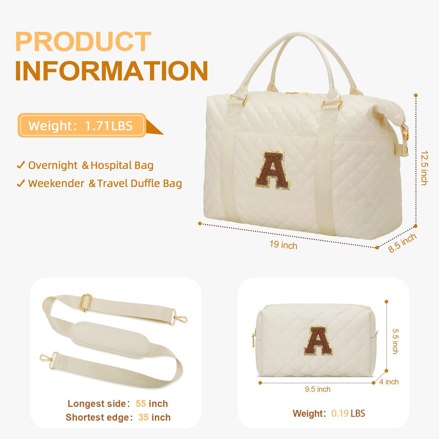 Gifts for Women, Initial Travel Duffle Bag, Personalized Weekender Overnight Bags, Gift for Mom Friend College Girl Graduation Teacher（Beige,A)