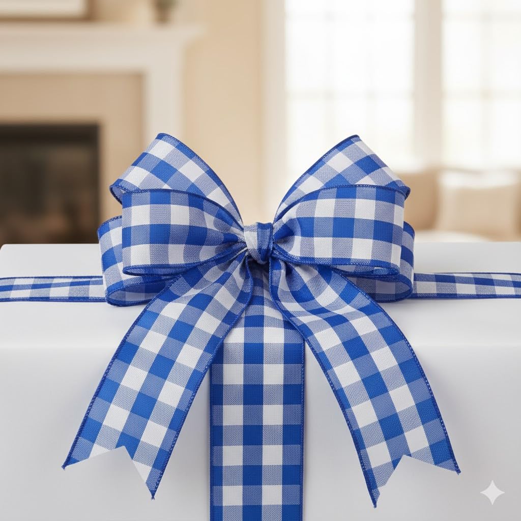 Royal Blue Plaid Wired Ribbon - 2 1/2" x 10 Yards, 4th of July, America 250, Father's Day, Presents, Wreath, Police Support, Birthday, Wedding, Farmhouse, Veterans Day, Labor Day, School Graduation