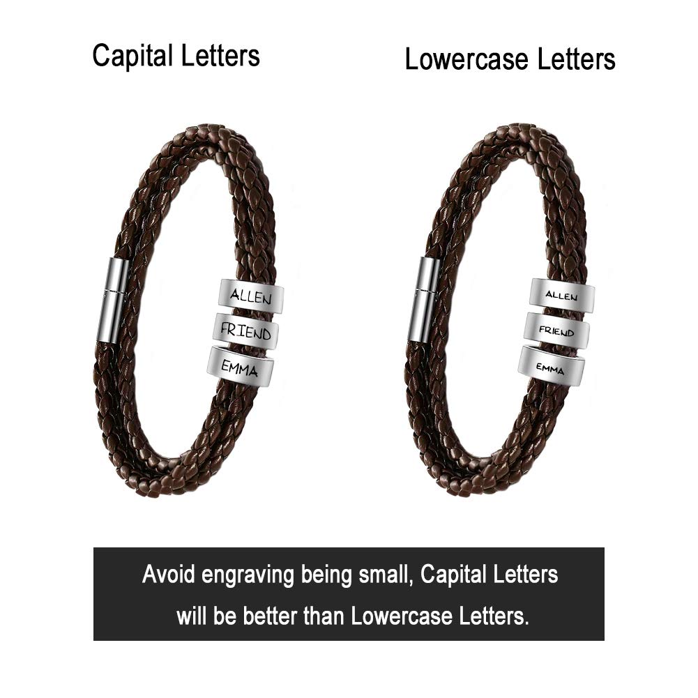 ShineSand Personalized Mens Leather Bracelet with Custom Beads, Customized Braid Leather Bracelet Engraved with Names for Men