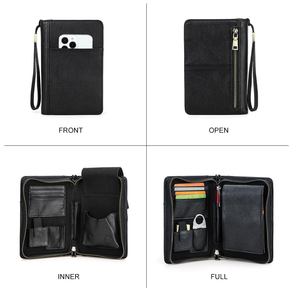 CONTACTS Full Grain Leather Cigar Case Travel Cigars Humidor Box Accessories Organizer with Cigar Cutter Lighter Pocket for 5 Pcs Cigars (Black)