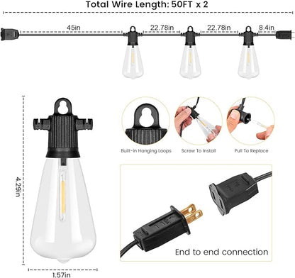 100FT Outdoor String Lights, LED Patio Lights with 50+3 ST38 Vintage Edison Shatterproof Bulbs, IP65 Weatherproof Outside Hanging Lights for Backyard Bistro Cafe Garden(50FTx2)