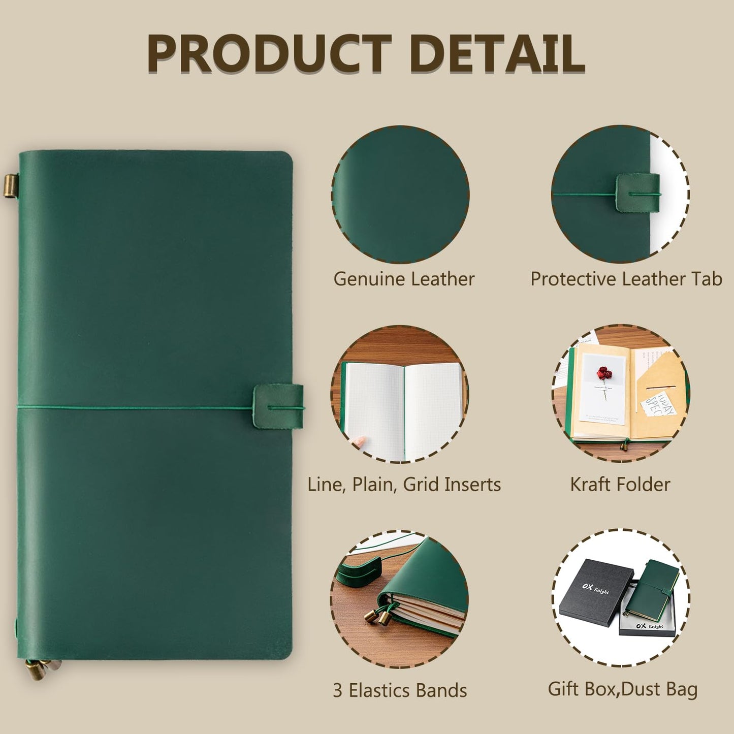 Ox Knight Refillable Leather Travelers Notebook, 8.6 x 4.7 Travel Diary for Men and Women, Genuine Leather Travel Journal with 3 Inserts Regular Travel Notebook for Writing, Sketching & Planning, Standard Size, Green