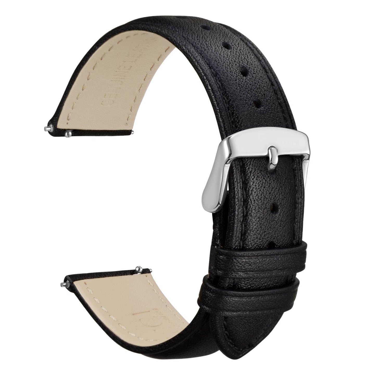 WOCCI 20mm Flower Watch Band for Women and Men, Genuine Leather, Quick Release Strap, Silver Buckle (Black)