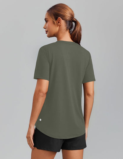 PINSPARK Breathable T-Shirts for Women Short Sleeve V Neck Moisture Wicking Workout Tops Quick Dry Lightweight Athletic Gym Shirts,Olive Green X-Large