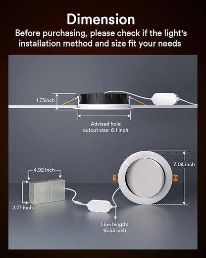Lumary Smart Gimbal Recessed Lighting 6 Inch, 355°+20° Adjustable RGBWW WiFi Ceiling Light, Work with Alexa Google, Canless LED Downlight with J-Box, 13W 1000LM CRI90, 1PC