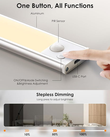 12in Under Cabinet Lights, Upgraded 2500mAh Under Cabinet Lighting, Rechargeable Motion Sensor Light Indoor LED Closet Lights Under-Counter Light Fixtures for Kitchen, Hallway, Stairs, 5-Pack