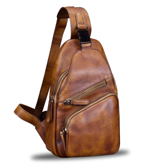 IVTG Genuine Leather Sling Bag Chest Shoulder Hiking Backpack Vintage Handmade Crossbody Daypack (Brown) One_Size