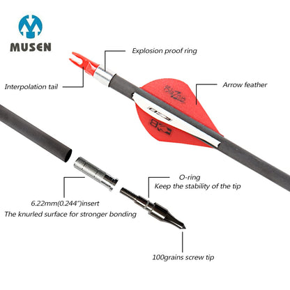 Musen Pure Carbon 30 inch Arrows Hunting Arrows for Recurve Bow,100% Carbon Archery Target Arrows with Removable Tips for Youth Hunters & Bowhunters (Pack of 12) (SP400)