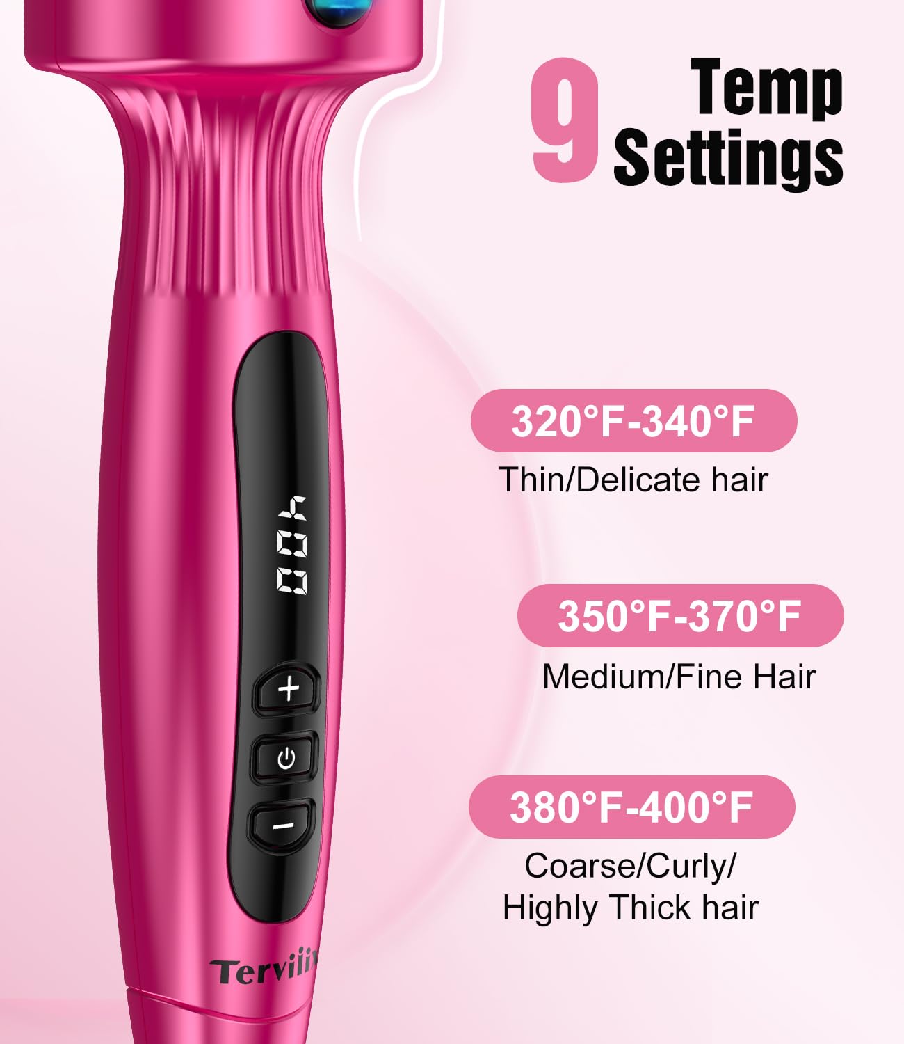 Terviiix Thermal Brush Get Voluminous Style, Quick Heating Hot Brush, Ceramic Tourmaline Ionic Heated Curling Iron, Digital Display 9 Temperatures Curling Wand, Dual Voltage, 1.5 Inch