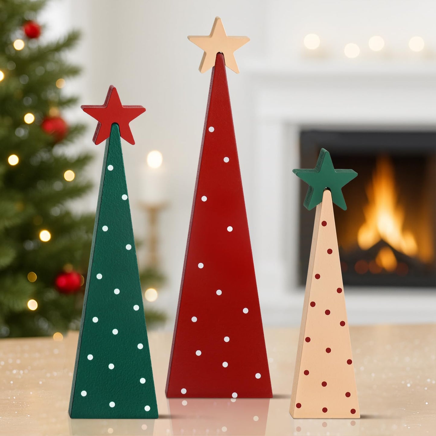 Shzbtdo Christmas Table Decorations, 3 Mini Christmas Tree Tabletop Centerpieces with Detachable Stars, Wooden Xmas Decorations Indoor for Mantel Fireplace Kitchen Office Decor